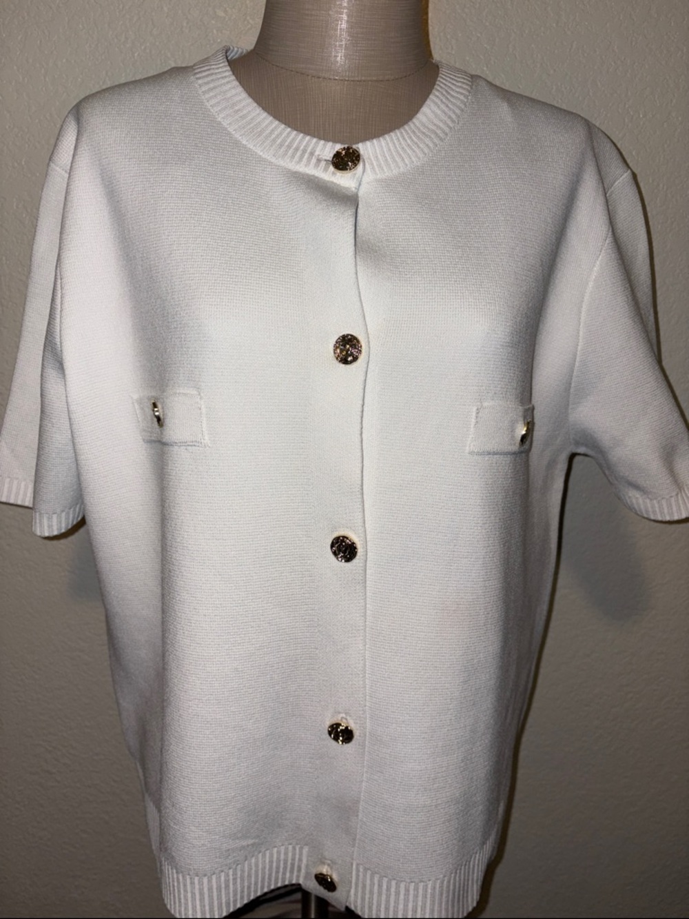 Zara Cream Short-Sleeve Button Front Cardigan with Gold Buttons